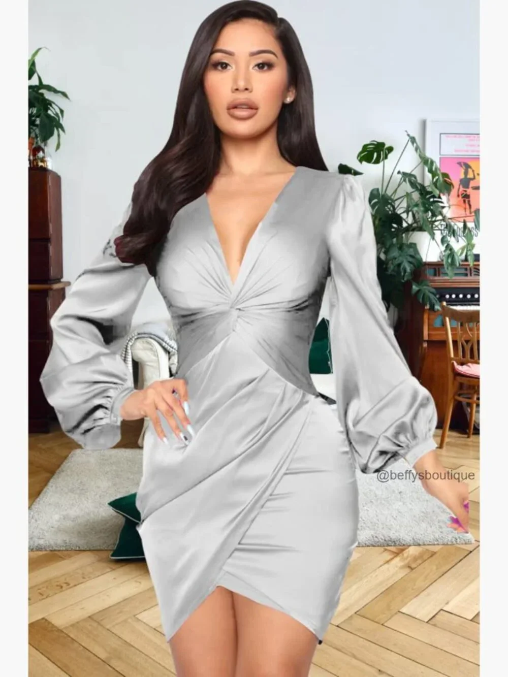 Twist Front Bodycon Midi Dress Long Sleeve Ruched Party Dress - Picture 3 of 7